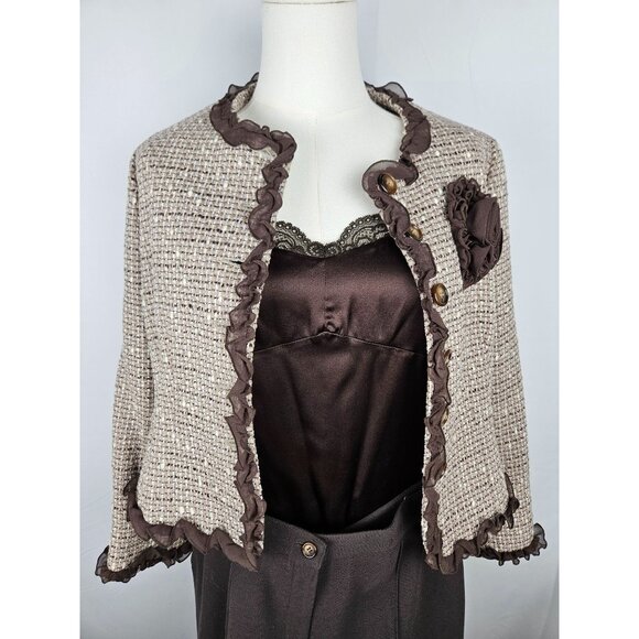 Anne Klein Tweed Blazer Jacket Size 8 Petite Brown Lace Trim Professional Office - Picture 8 of 13
